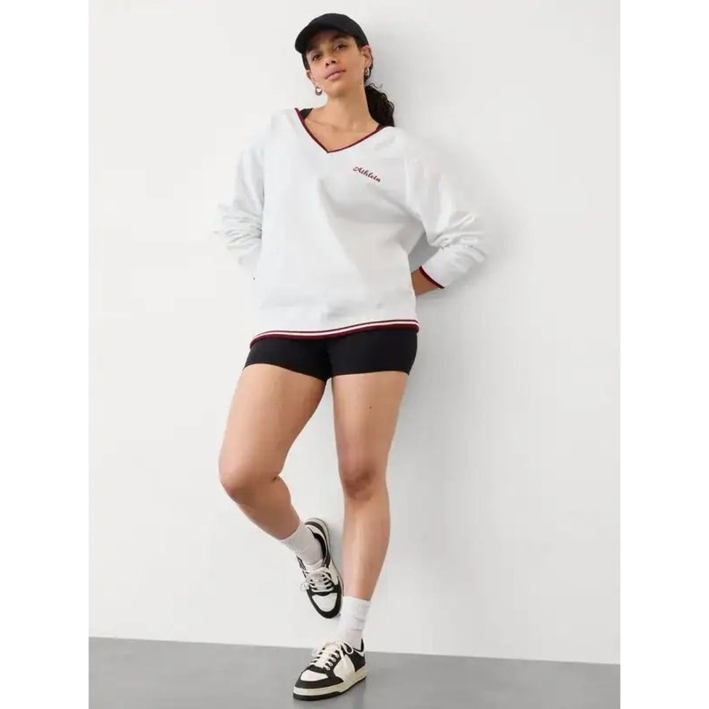 Athleta Retro Forever Fleece V-Neck Sweatshirt Off White Burgundy Trim Large